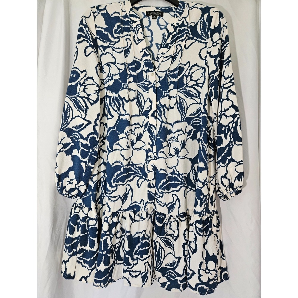 RACHEL ZOE Navy/White Button Front Shirt Dress Womens XS Ruffle Hem Pockets